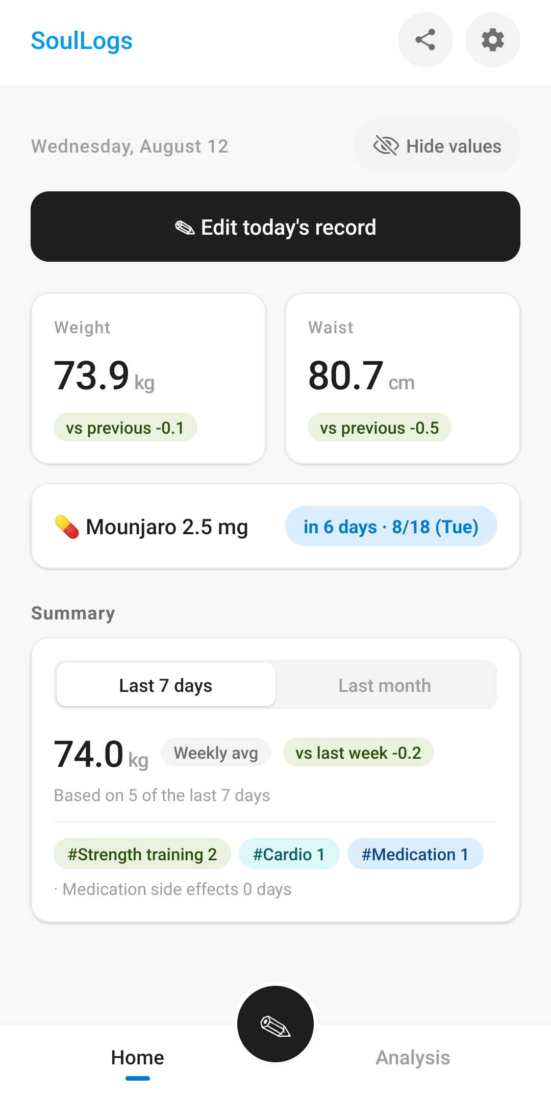 SoulLogs home screen with latest weight and 7-day summary