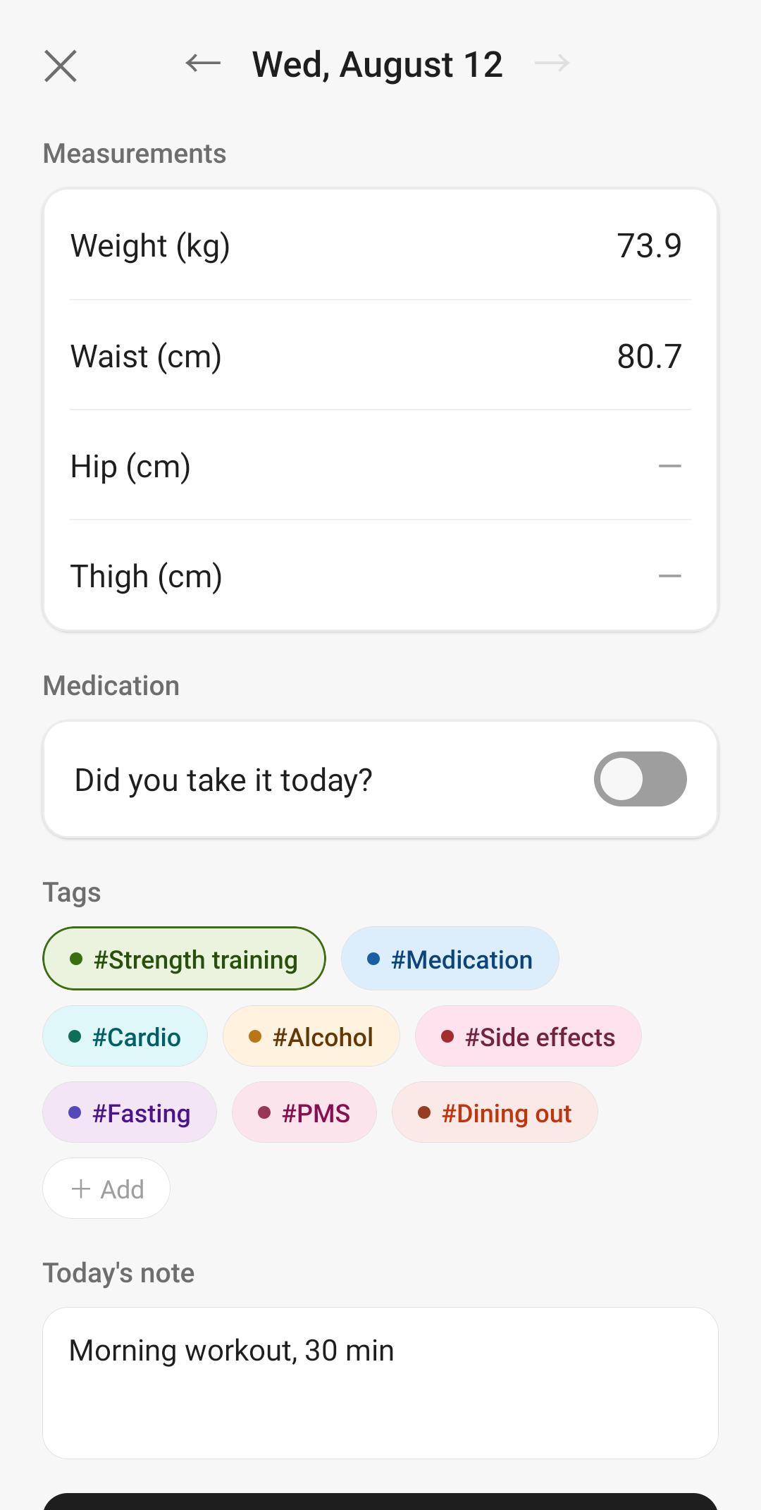 Record screen with measurements, medication, tags and a note